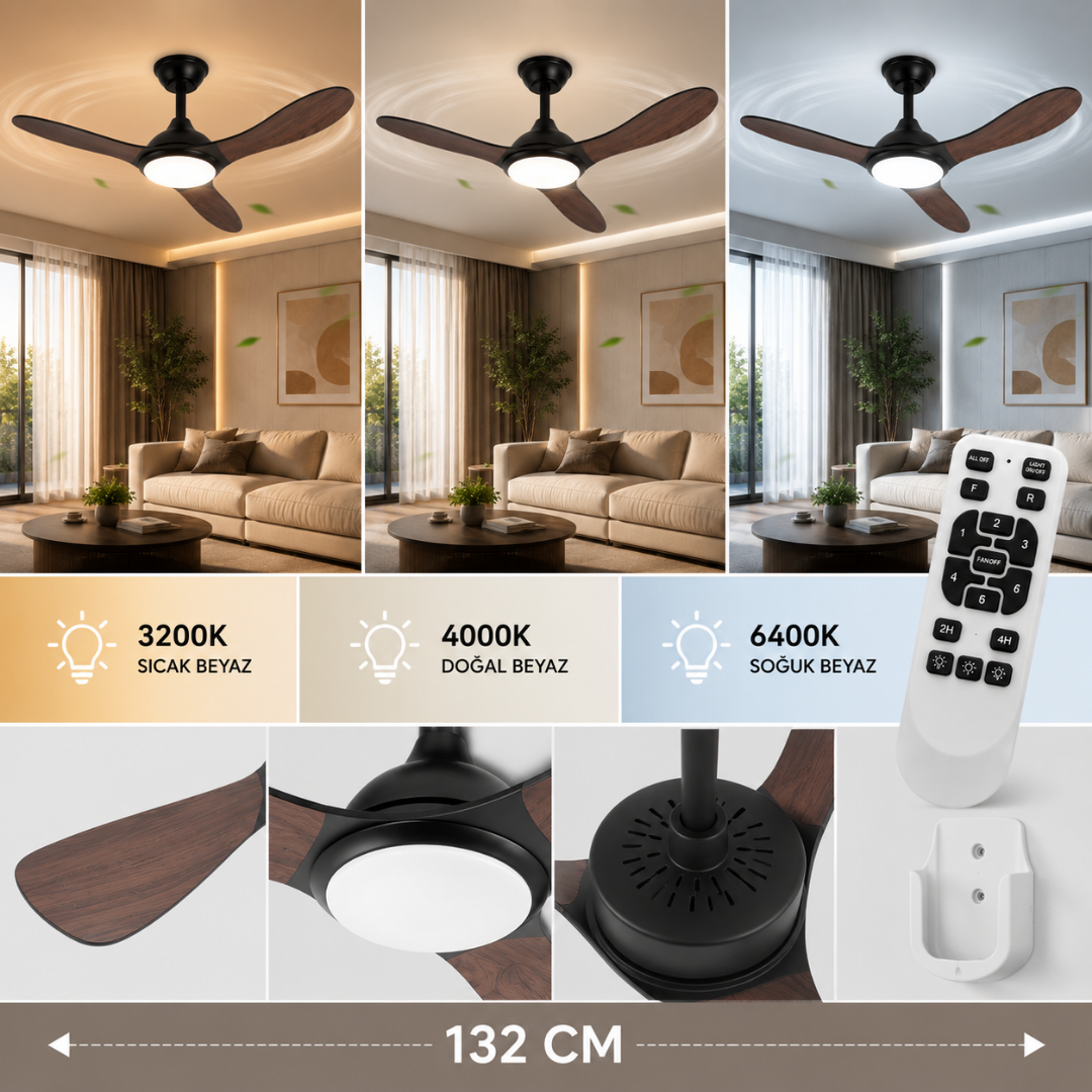 132 CM Ahşap Görünümlü LED Tavan Vantilatörü – Kumandalı Sessiz Modern Tavan Fanı