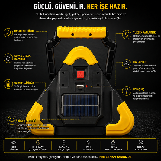 500 Lümen Solar Şarjlı Çok Fonksiyonlu Üçgen İkaz ve Çalışma Lambası