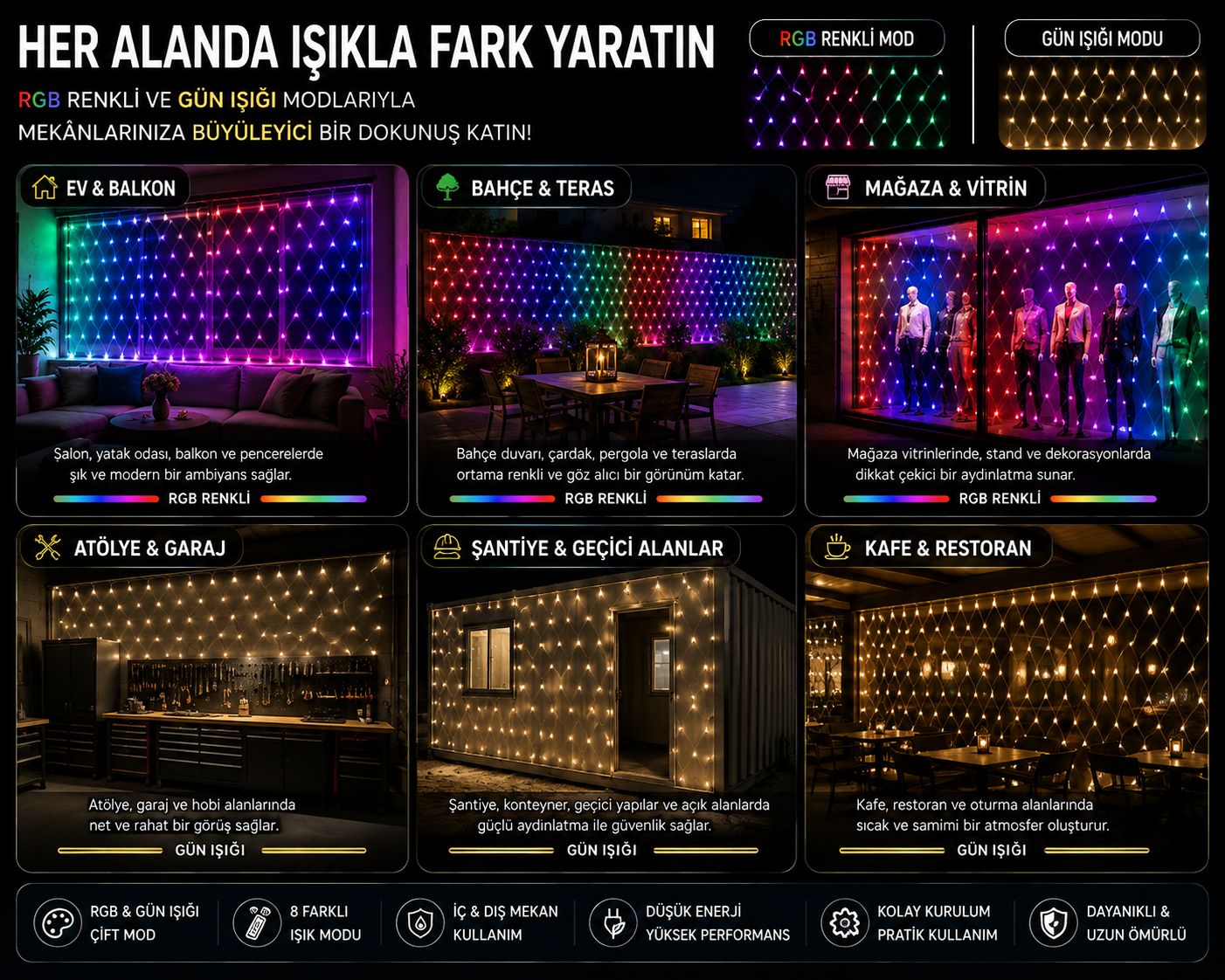 Örümcek Ağı LED Işık – Çok Renkli & Gün Işığı Dekoratif Aydınlatma