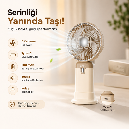Cata Şarjlı Mini El Vantilatörü – Type-C USB Taşınabilir Sessiz Fan