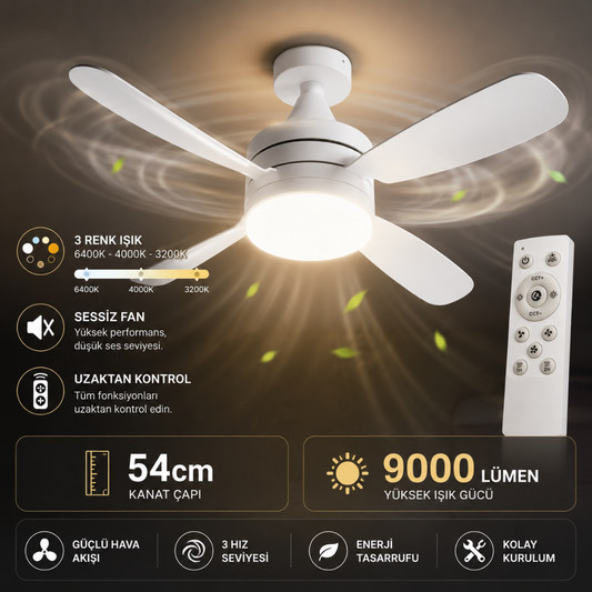 Kumandalı LED Tavan Vantilatörü 54 CM – 9000 Lümen 3 Renk Işıklı Sessiz Tavan Fanı