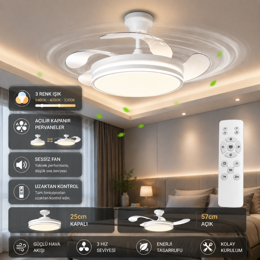 Katlanabilir LED Tavan Vantilatörü Kumandalı – Sessiz 3 Hızlı Açılır Kapanır Fan Lamba 57 CM