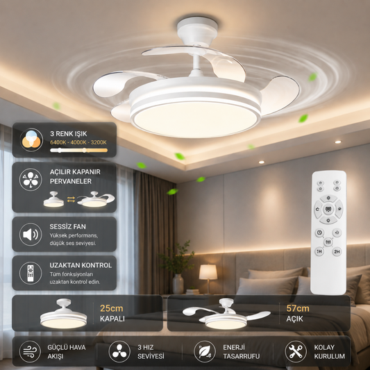 Katlanabilir LED Tavan Vantilatörü Kumandalı – Sessiz 3 Hızlı Açılır Kapanır Fan Lamba 57 CM