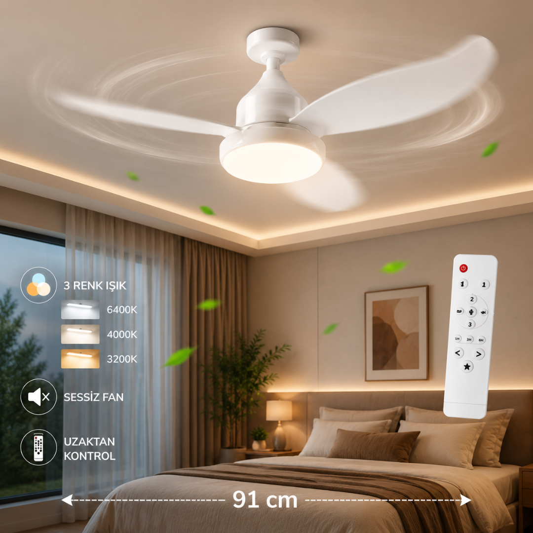 91 CM Kumandalı LED Tavan Vantilatörü – Sessiz 3 Hızlı Modern Tavan Fanı