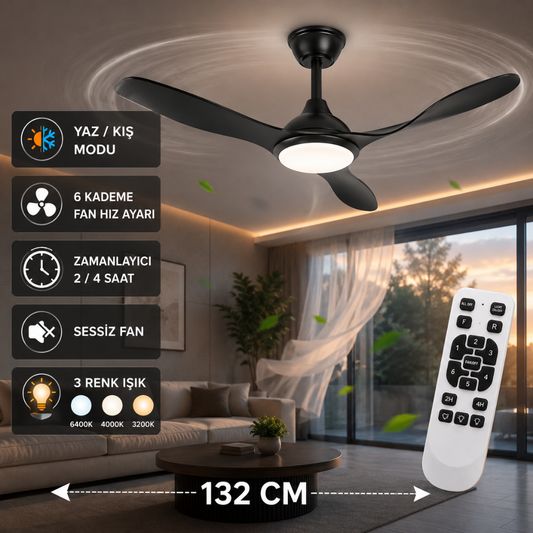 132 CM Kumandalı LED Tavan Vantilatörü – Sessiz 6 Kademeli Modern Tavan Fanı Siyah