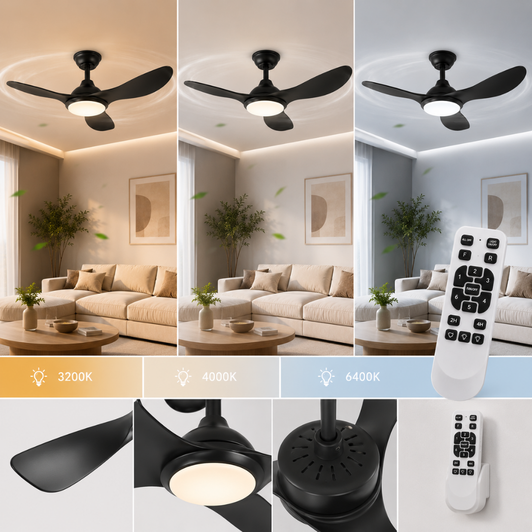 132 CM Kumandalı LED Tavan Vantilatörü – Sessiz 6 Kademeli Modern Tavan Fanı Siyah