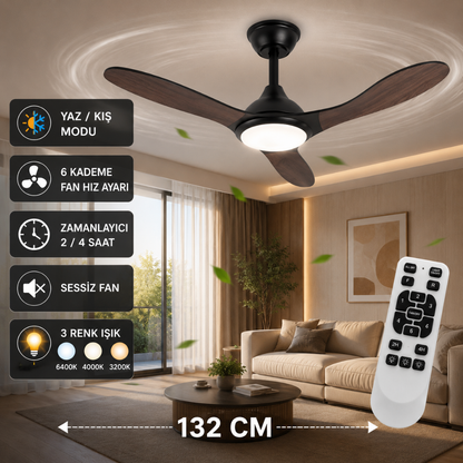 132 CM Ahşap Görünümlü LED Tavan Vantilatörü – Kumandalı Sessiz Modern Tavan Fanı
