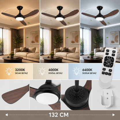 132 CM Ahşap Görünümlü LED Tavan Vantilatörü – Kumandalı Sessiz Modern Tavan Fanı