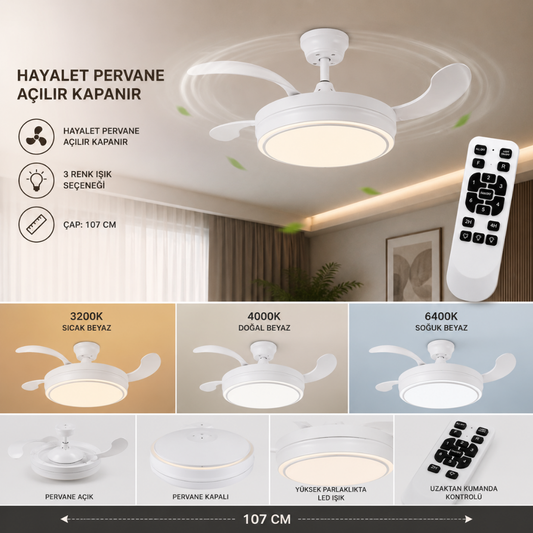 107 CM Katlanabilir LED Tavan Vantilatörü – Kumandalı Sessiz Açılır Kapanır Fan