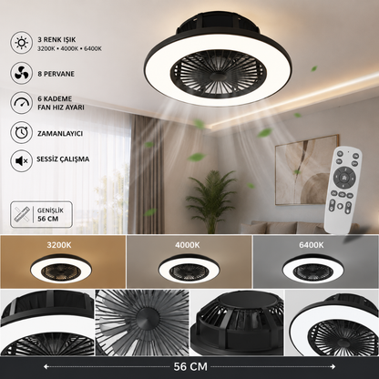 56 CM LED Tavan Vantilatörü Kumandalı – 6 Kademeli Sessiz Tavan Fanı Siyah