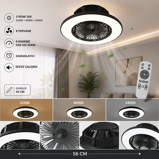 56 CM LED Tavan Vantilatörü Kumandalı – 6 Kademeli Sessiz Tavan Fanı Siyah
