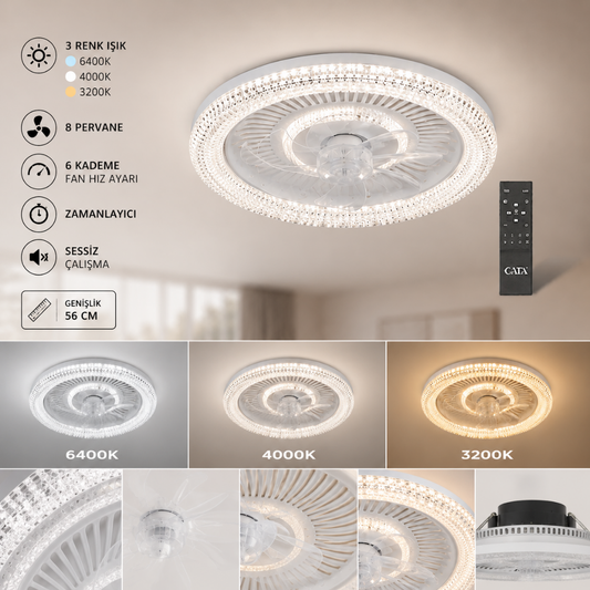 Cata Kristal LED Tavan Vantilatörü 56 CM – Kumandalı Sessiz 6 Kademeli Fan