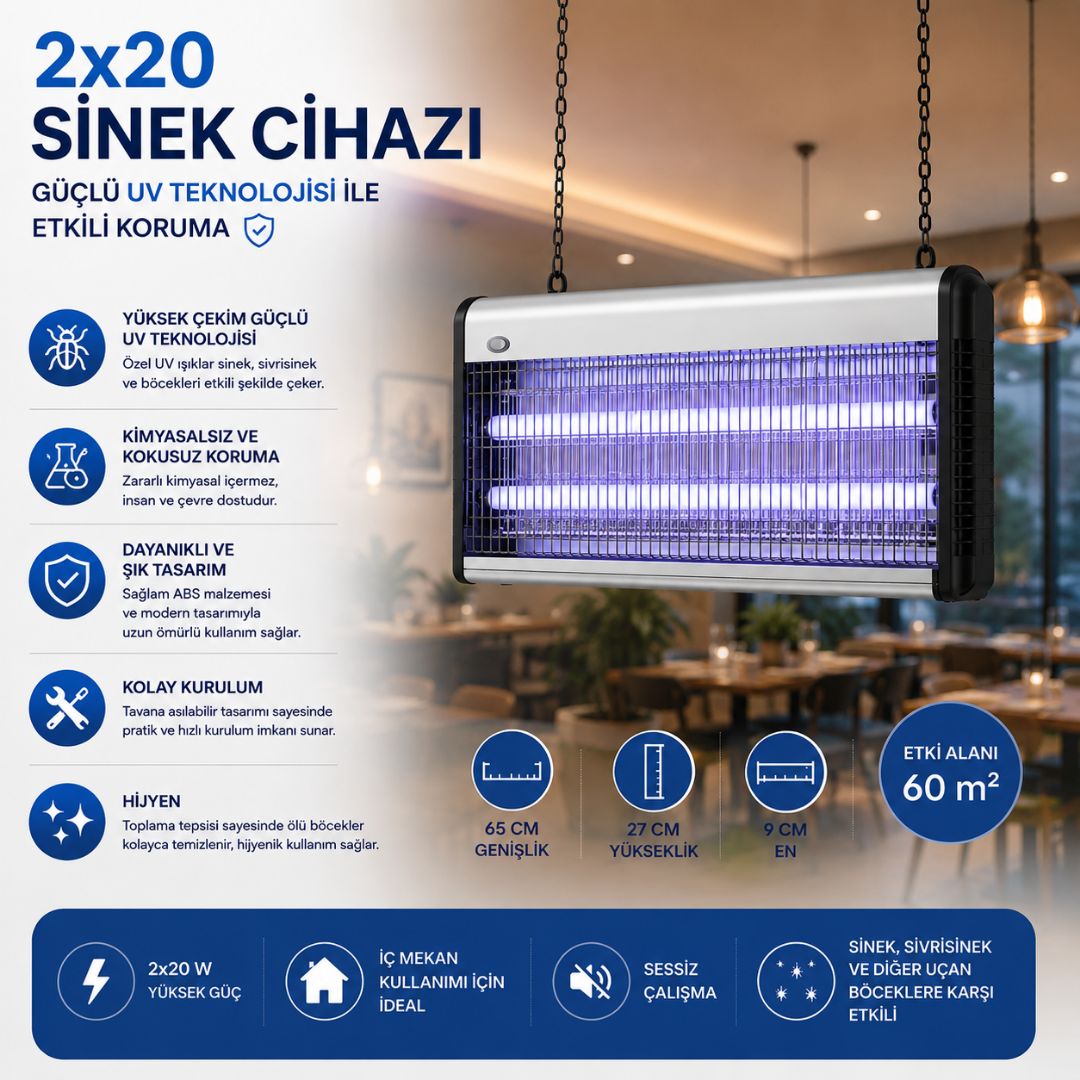 2x20W Profesyonel UV Sinek Öldürücü Cihaz – Sessiz Elektrikli Sivrisinek ve Böcek Kovucu