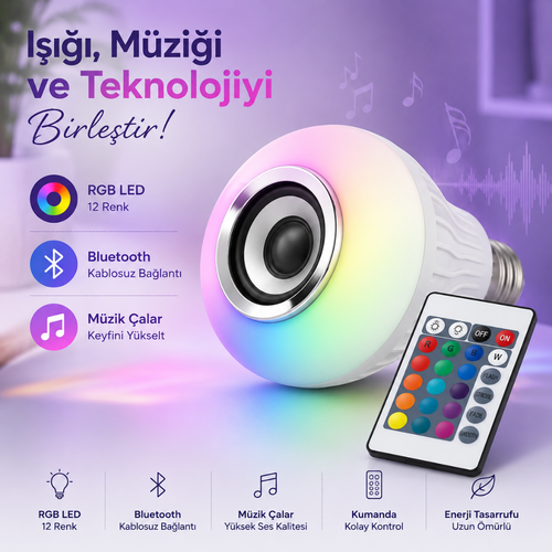 RGB Müzik Çalar Bluetooth LED Ampul – 12 Renk Kumandalı E27 Akıllı Lamba