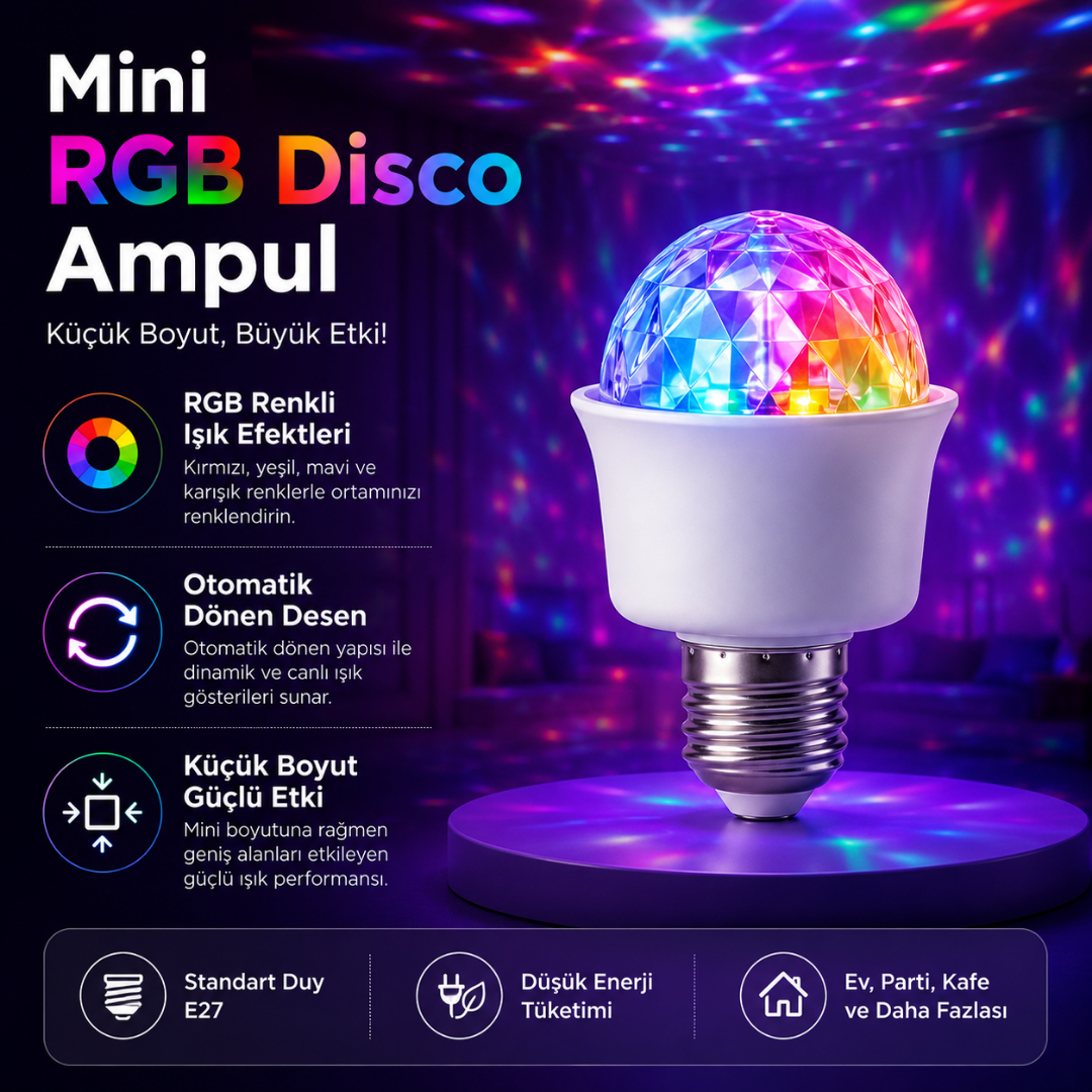 Mini RGB Disco Ampul – E27 Renkli Işık Efektli Parti Lambası