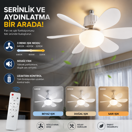 Cata Kumandalı Katlanabilir LED Tavan Vantilatörü – 3 Renk Işık Modlu Sessiz Fan