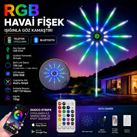 RGB Havai Fişek LED Duvar Işığı – Bluetooth Kontrollü Akıllı RGB Ambiyans Aydınlatma