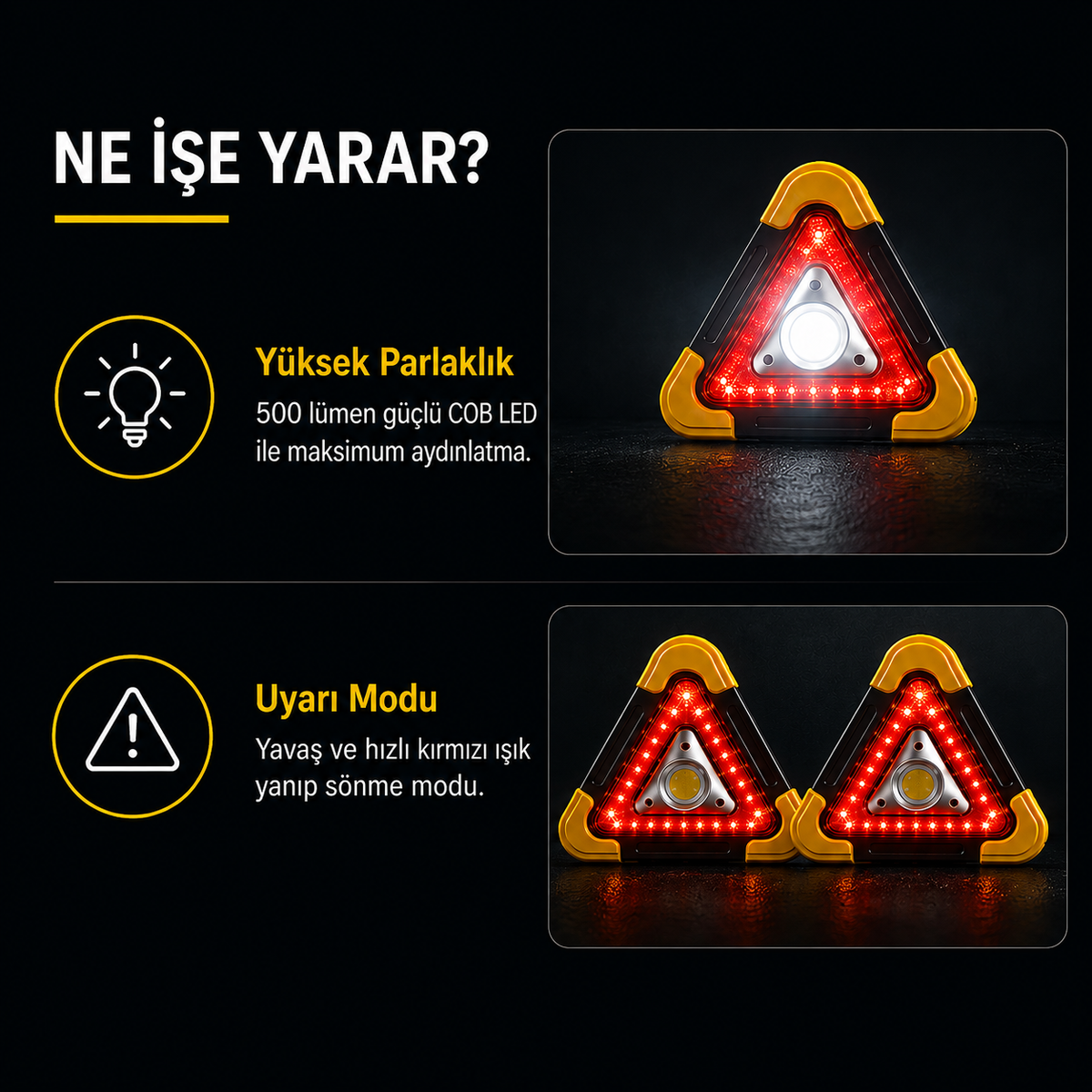 500 Lümen Solar Şarjlı Çok Fonksiyonlu Üçgen İkaz ve Çalışma Lambası