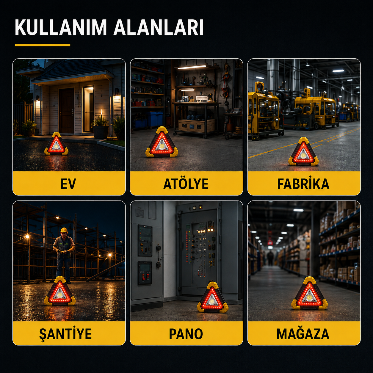500 Lümen Solar Şarjlı Çok Fonksiyonlu Üçgen İkaz ve Çalışma Lambası