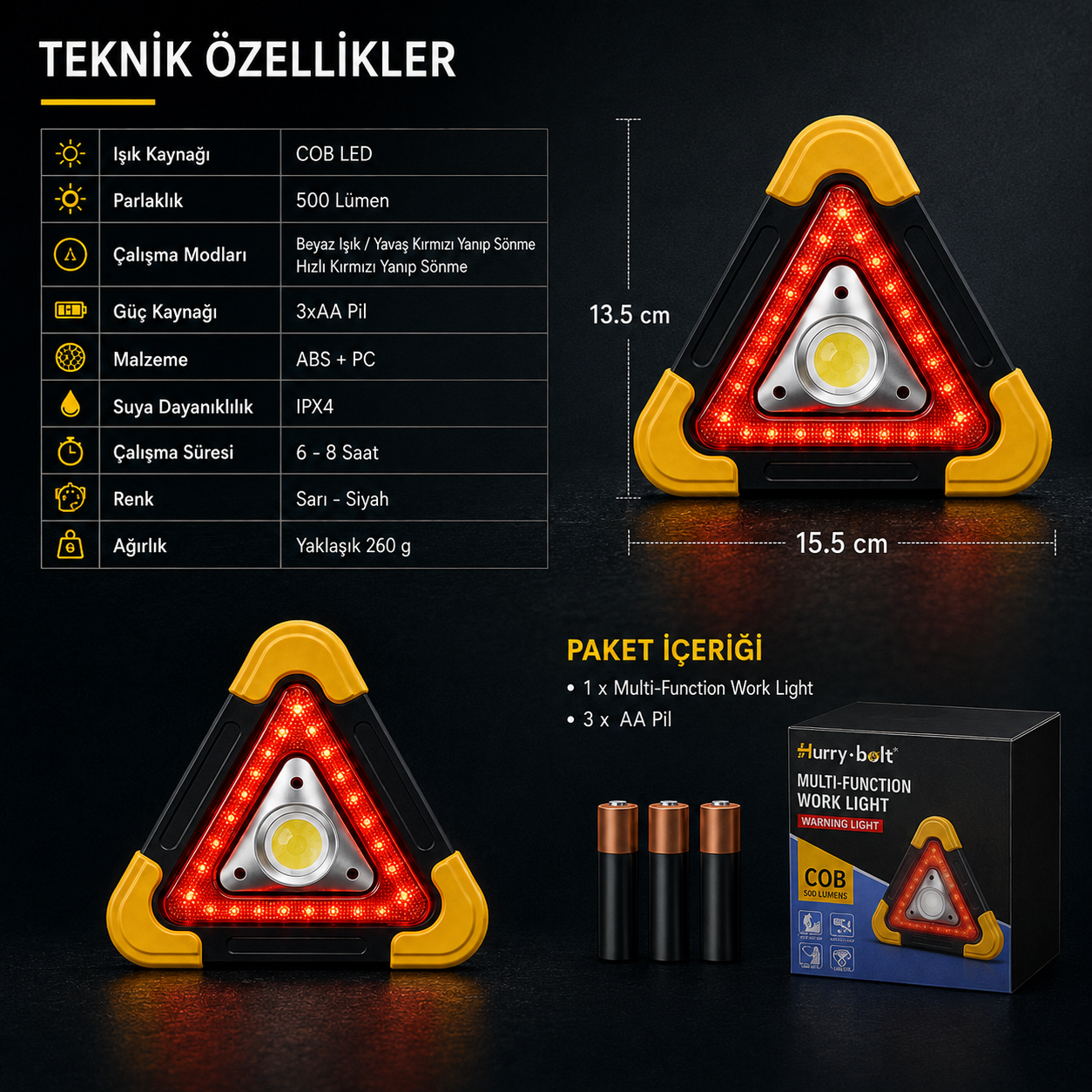 500 Lümen Solar Şarjlı Çok Fonksiyonlu Üçgen İkaz ve Çalışma Lambası