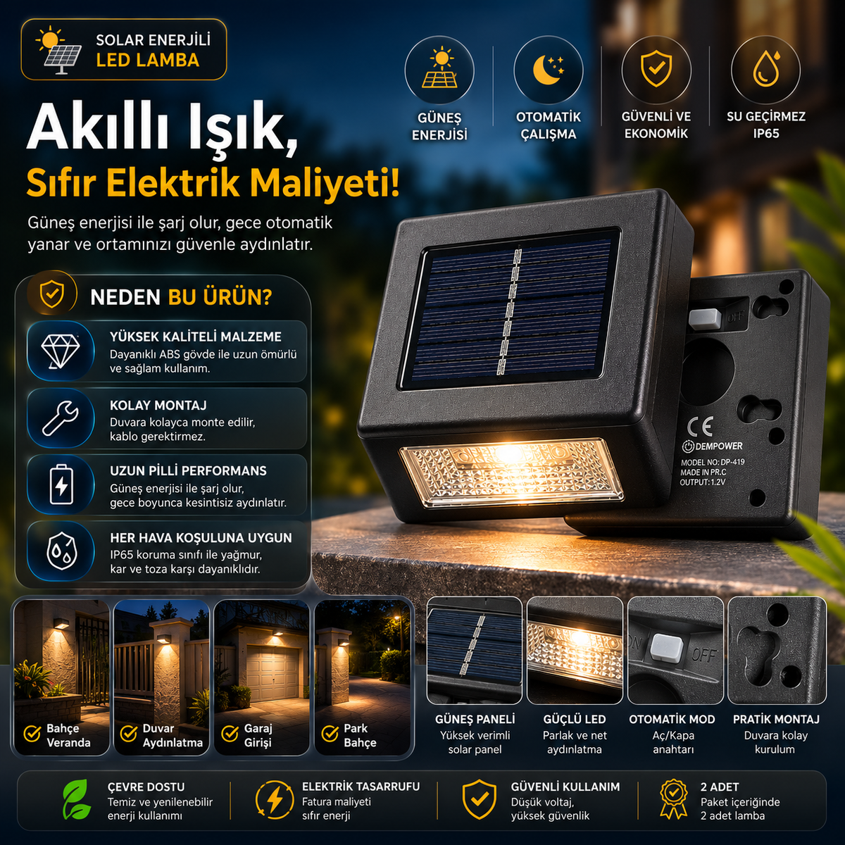 Solar LED Dış Mekan Duvar Lambası – 2’li Set