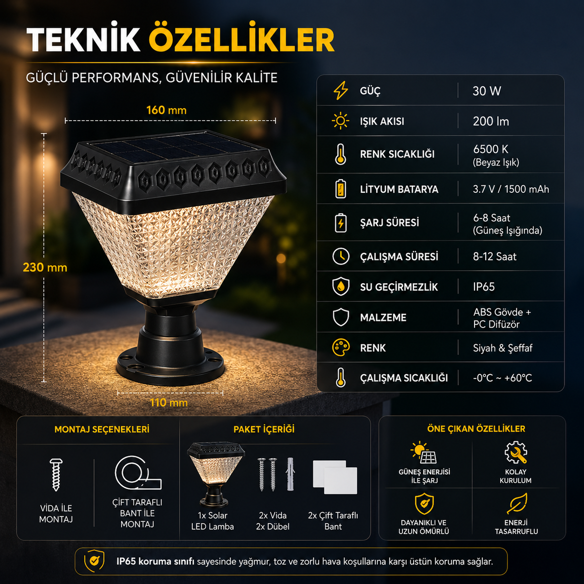 Cata CT-7315 30W Solar LED Set Üstü Bahçe Aydınlatma – 200 Lümen IP65 6500K