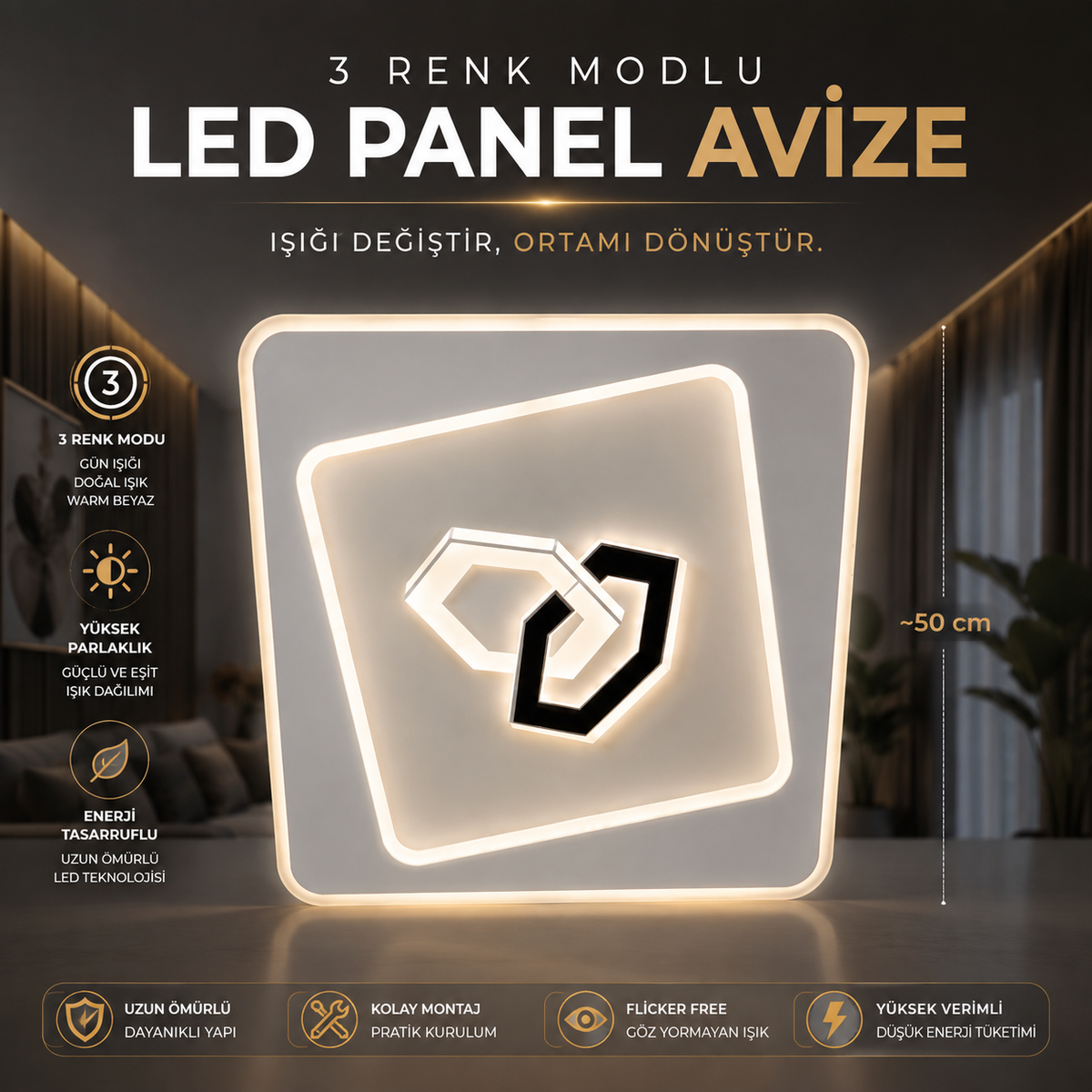 3 Renk Modlu Modern LED Panel / Avize / Dekoratif Tavan Aydınlatma