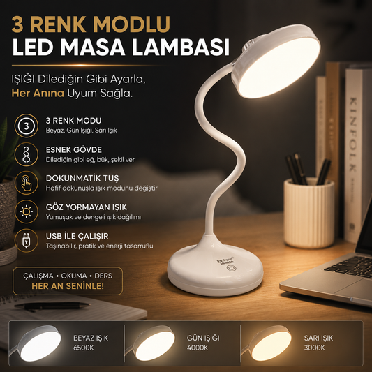 3 Renk Modlu Dokunmatik LED Masa Lambası