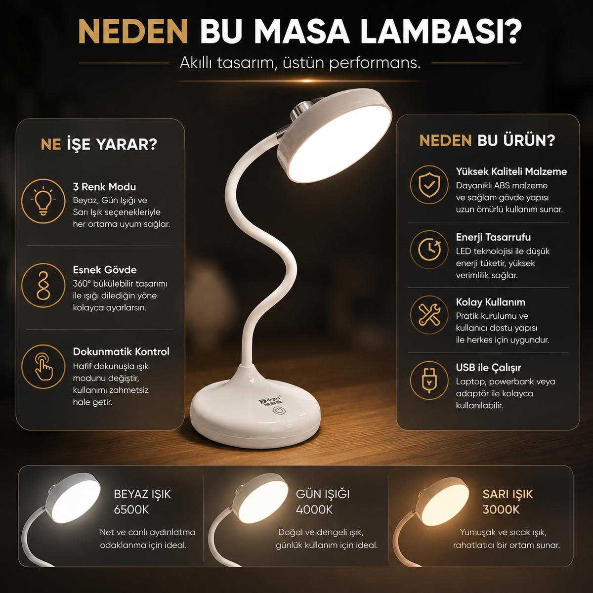 3 Renk Modlu Dokunmatik LED Masa Lambası