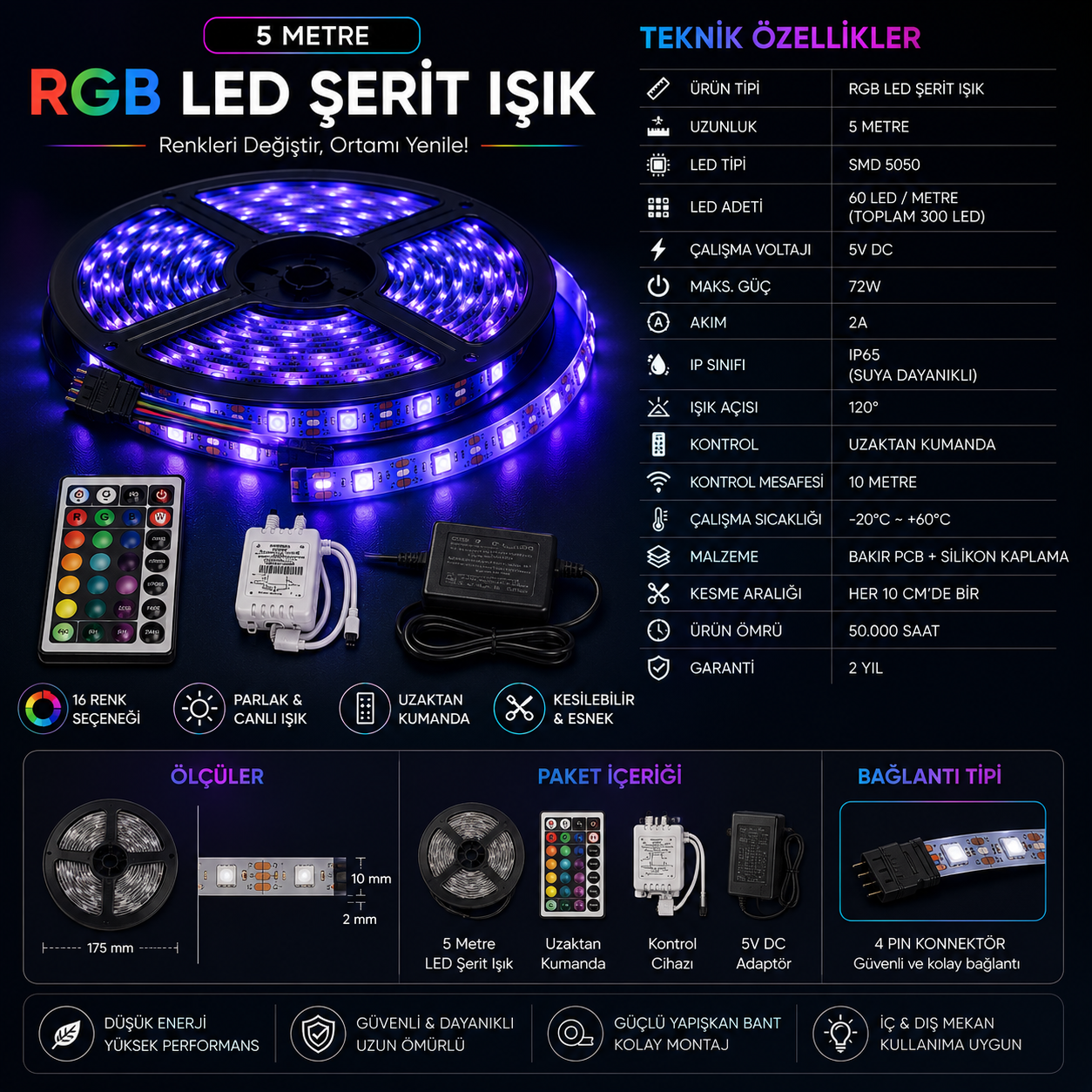 5 Metre RGB LED Şerit Işık