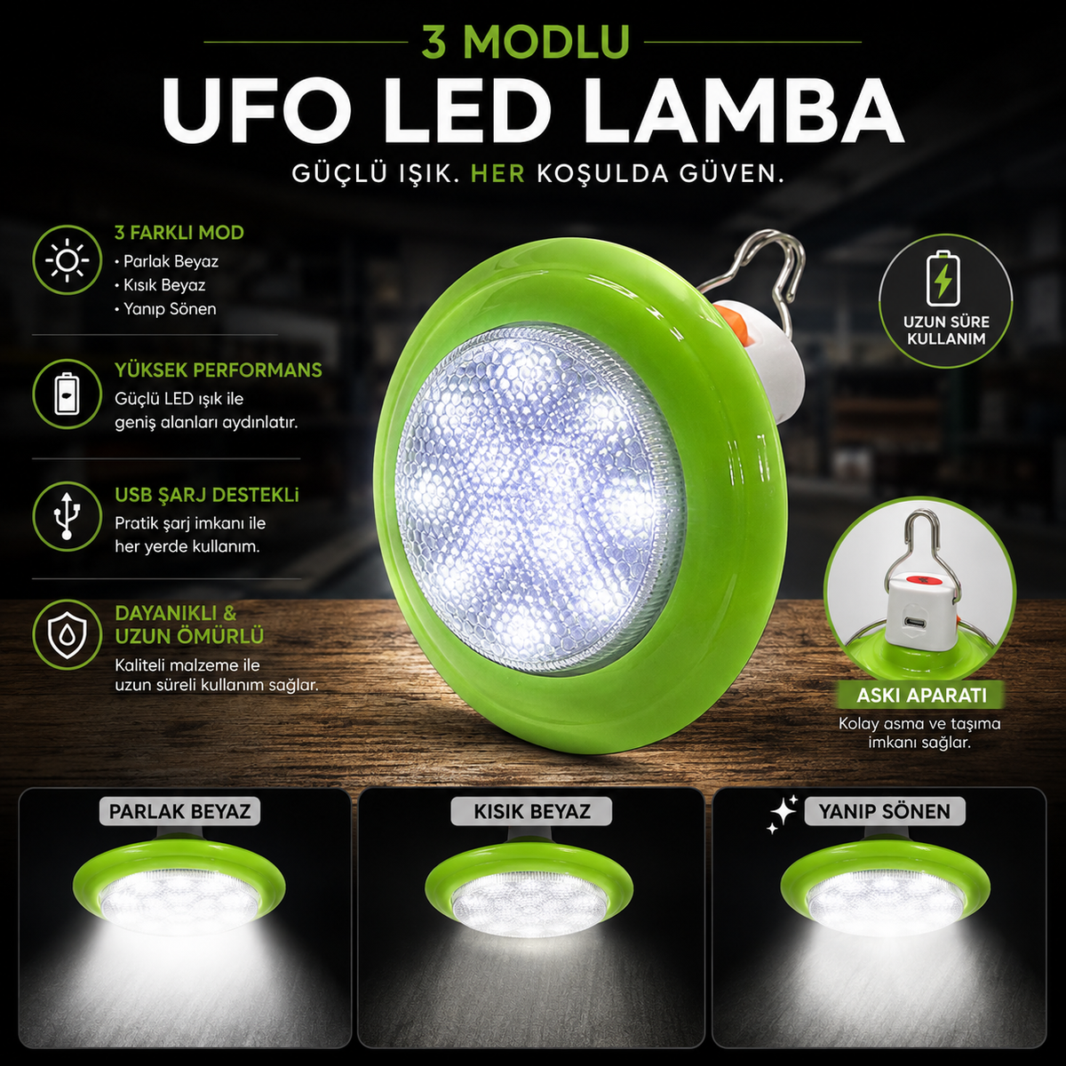 Şarjlı UFO LED Lamba – Askılı Taşınabilir Aydınlatma
