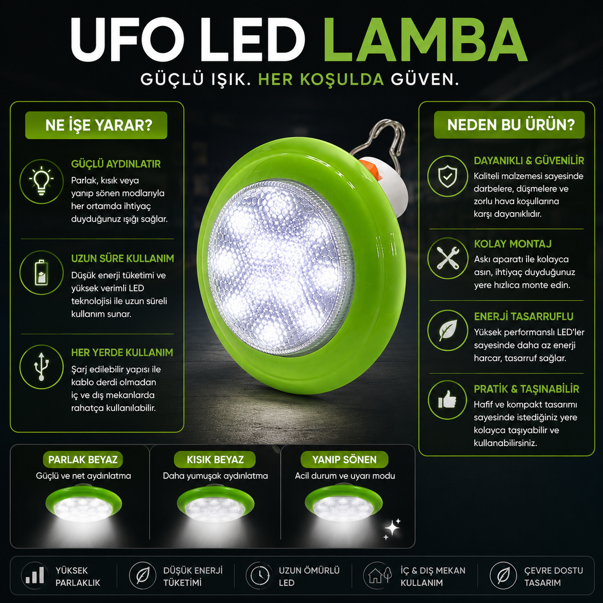 Şarjlı UFO LED Lamba – Askılı Taşınabilir Aydınlatma