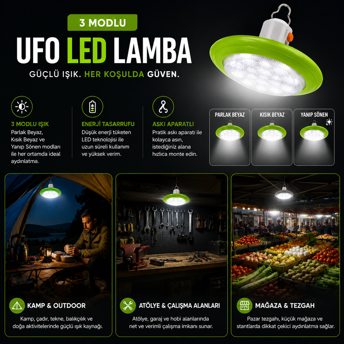 Şarjlı UFO LED Lamba – Askılı Taşınabilir Aydınlatma