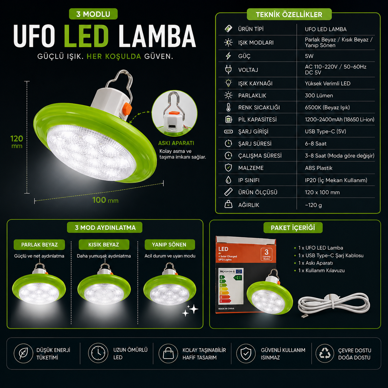 Şarjlı UFO LED Lamba – Askılı Taşınabilir Aydınlatma