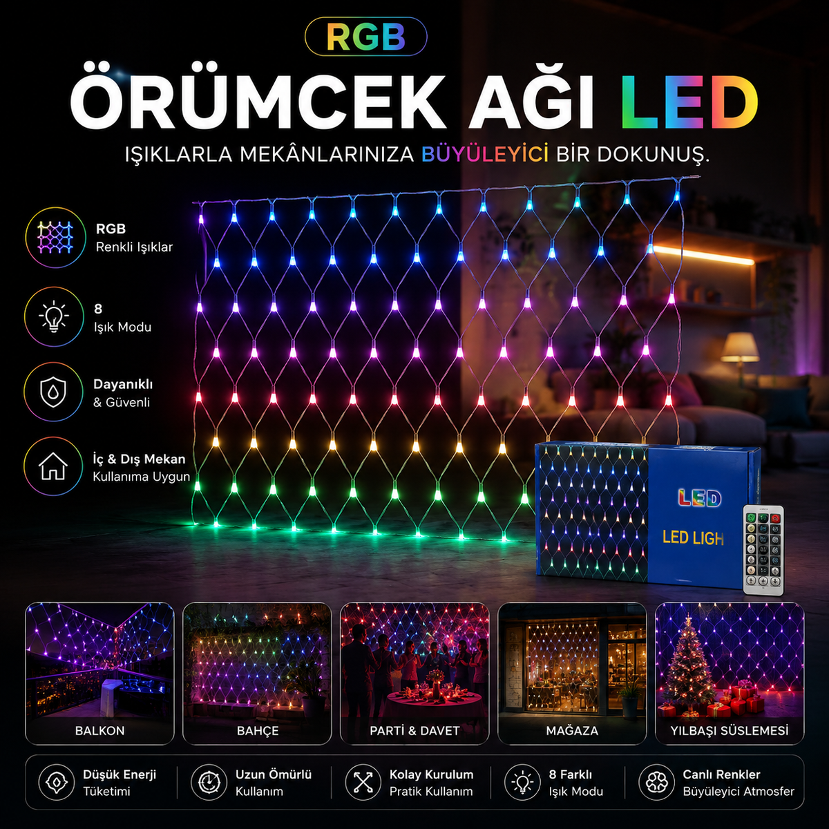 Örümcek Ağı LED Işık – Çok Renkli & Gün Işığı Dekoratif Aydınlatma
