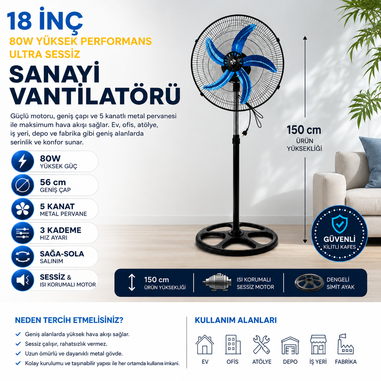 18 İnç Sanayi Tipi Ayaklı Vantilatör – 80W Ultra Sessiz Güçlü Fan