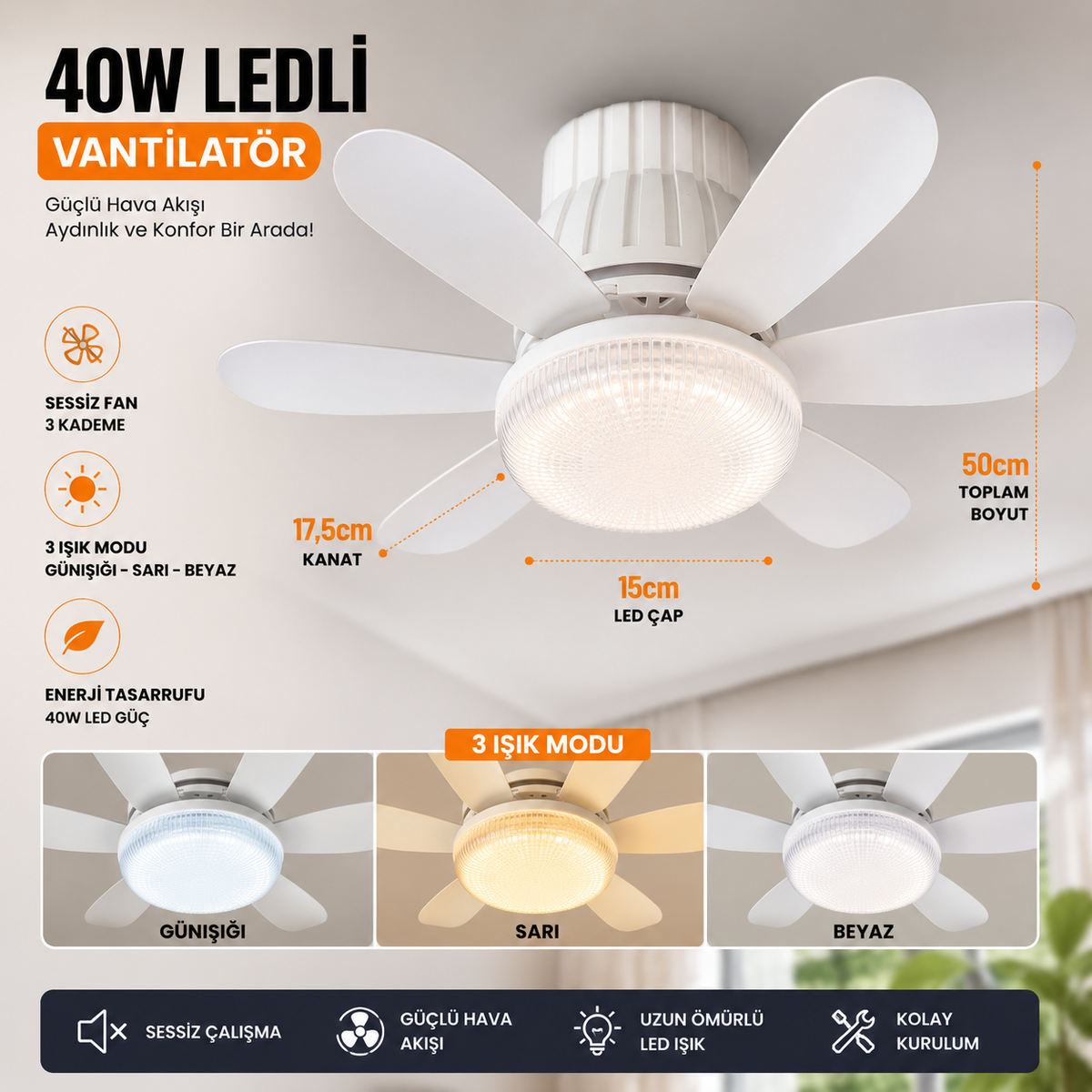 40W Fanlı LED Ampul | Kumandalı | 50 CM