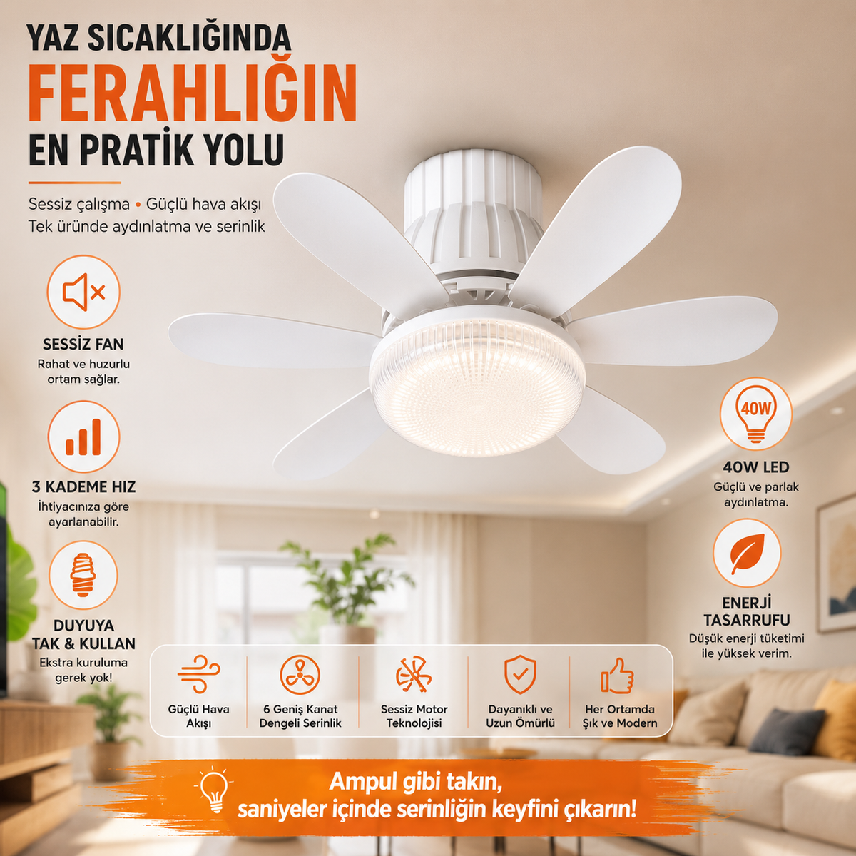 40W Fanlı LED Ampul | Kumandalı | 50 CM