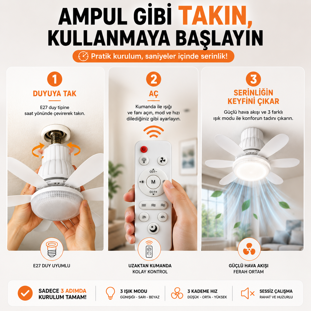 40W Fanlı LED Ampul | Kumandalı | 50 CM